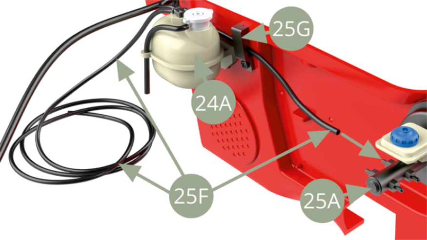 Pasa 25F (línea de freno trasera derecha) detrás de la parte superior de 24A (Tapa de vaso de expansión de refrigerante), a través 25G (Abrazadera) y colóquelo en 25A (Cilindro principal de frenos).