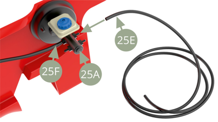 25E (Bremsleitung hinten links) an der spitzen Tülle des 25A (Hauptbremszylinders) montieren.