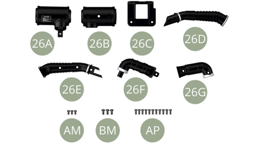 26A Carcasa del filtro de aire - mitad 26B Carcasa del filtro de aire - mitad 26C Soporte del filtro de aire26D Admisión de aire del conducto - mitad26E Conducto de entrada de aire - mitad 26F Conducto de filtro a caudalímetro - mitad 26G Conducto del filtro al caudalímetro mitad AM M 1,7 x 3 mm (x 3)BM M 2,0 x 4 mm (x 3)AP 1,7 x 4 mm (x 11)