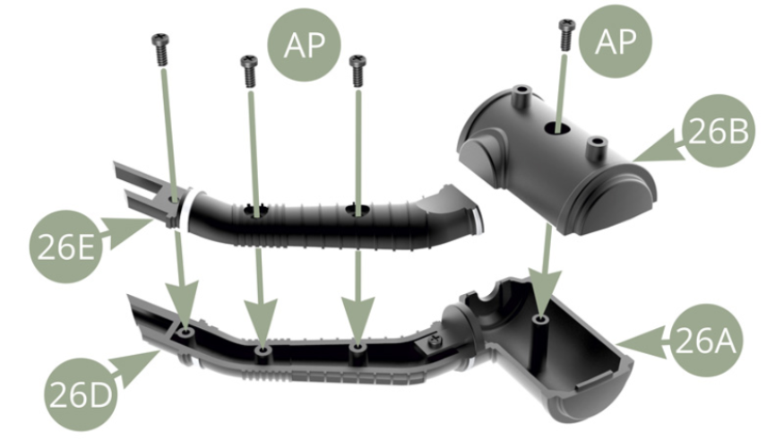 Positionner le demi-conduit d’admission d’air 26E sur le demi-conduit d’admission d’air 26D et le fixer avec trois vis AP.Positionner le demi-boîtier de filtre à air 26B sur le demi-boîtier de filtre à air 26A et le fixer avec une vis AP.