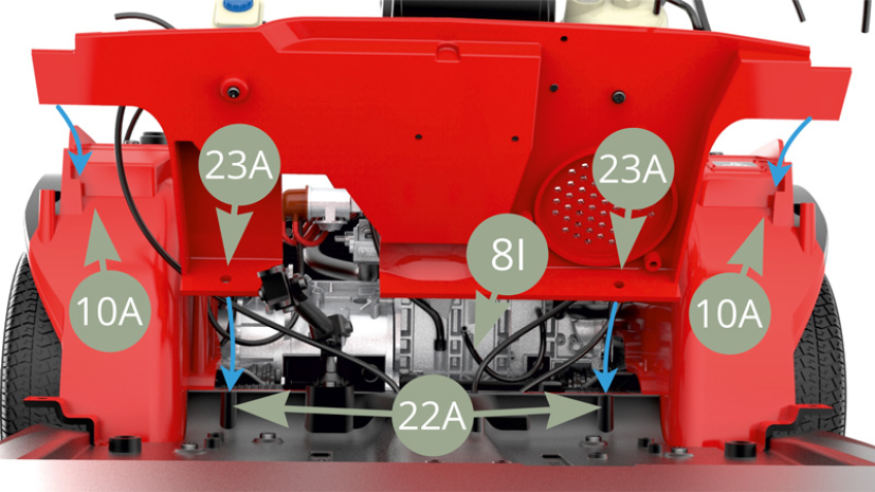 Desplazar la 23A (Muro cortafuegos) para que encaje en los puntos de fijación de la 22A (Sección central del chasis) y en las dos cavidades de la 10A (Compartimento motor), todo ello indicado con cuatro flechas azules.