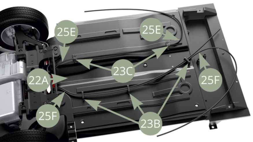 Pasa 25E (Línea de freno trasero izquierdo) y 25F (Línea de freno trasera derecha) a través 23C (Dos abrazaderas) y 23B (Tres abrazaderas), respectivamente.