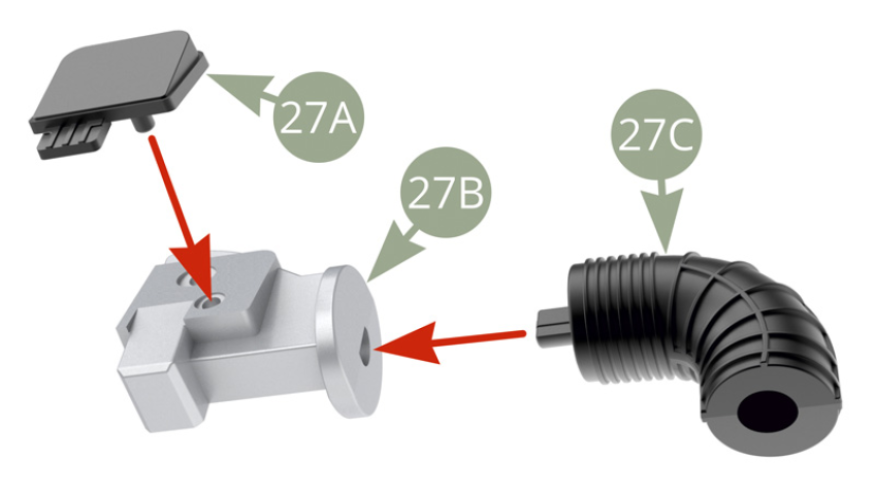 Coloca 27A (Tapa del caudalímetro) y 27C (Conducto de aire) en 27B (Caudalímetro de aire).