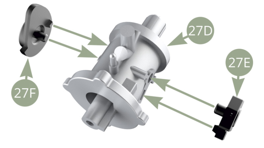 Monta 27F (Enlace de mando del acelerador) y 27E (Sensor de posición del acelerador) en 27D (Cuerpo del acelerador).