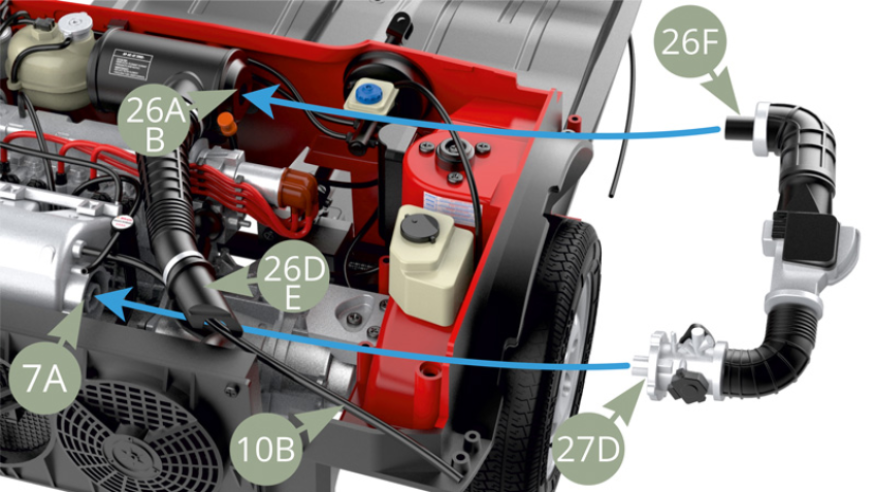 Colocar la manguera del filtro del caudalímetro 26F en la carcasa del filtro de aire 26A/B y la carcasa de la mariposa 27D en la toma del colector de admisión 7A, pasando por debajo del conducto de admisión de aire 26D/E y la manguera 10B.