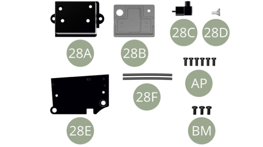 28A Batterie28B Capot de batterie28C Borne négative28D Borne positive28E Support de batterie 28F Câble de batterieAP Vis 1,7 x 4 mm (x 6)BM Vis M 2,0 x 4 mm (x 3)