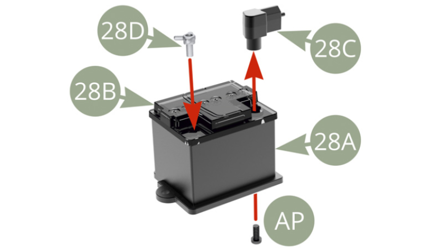 Positionner la borne positive 28D sur la batterie 28A en traversant le capot 28B. Positionner la borne négative 28C sur la batterie 28A en traversant le capot 28B et la fixer avec une vis AP. 