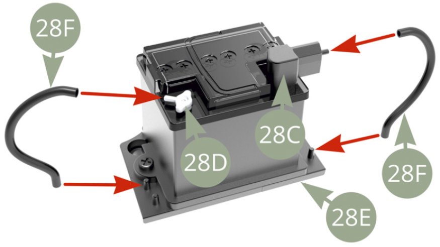 Connecter un câble 28F à la borne positive 28D et l’autre à la borne négative 28C, puis connecter chacun d’eux à une buse sur le support de batterie 28E.