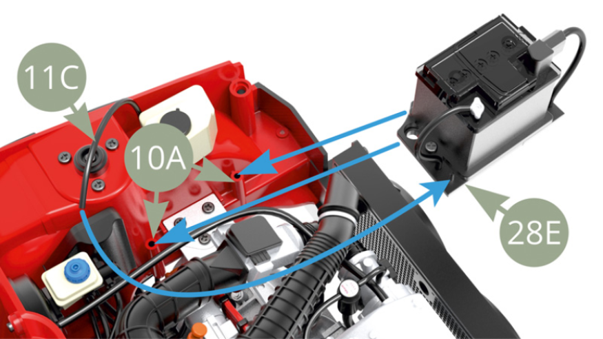 Schließen Sie 11C (Waschflüssigkeitsschlauch) an 28E (Stutzen Batterieträger) und montieren Sie diesen an 10A (Vorderradbogenrahmen) und mit zwei BM-Schrauben befestigen. (Bilder unten ).