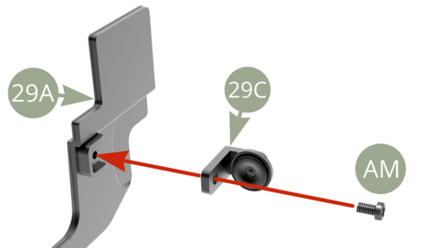 Positionner le support d’avertisseur sonore 29C sur le panneau frontal du compartiment moteur 29A et le fixer avec une vis AM.