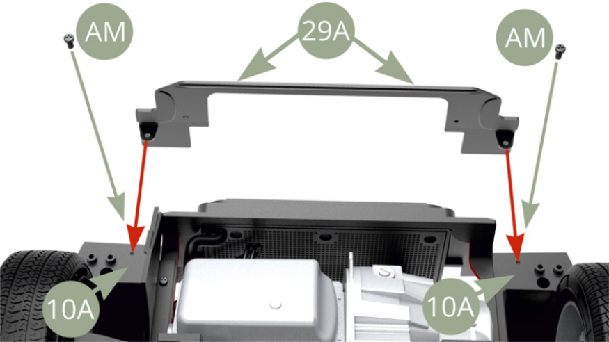 Monta 29A (Panel frontal del compartimento del motor) en 10A (Compartimento motor) y fíjelo con dos tornillos AM.