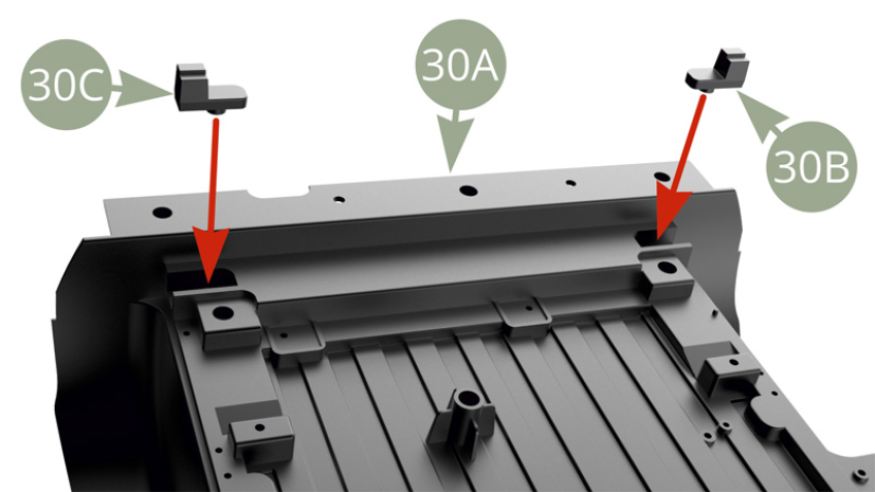 30C R und 30B L (Längslenker-Rückhubpuffer) unten am 30A (Chassis-Heckteil) montieren und mit zwei GM-Schrauben befestigen (Abbildungen unten)