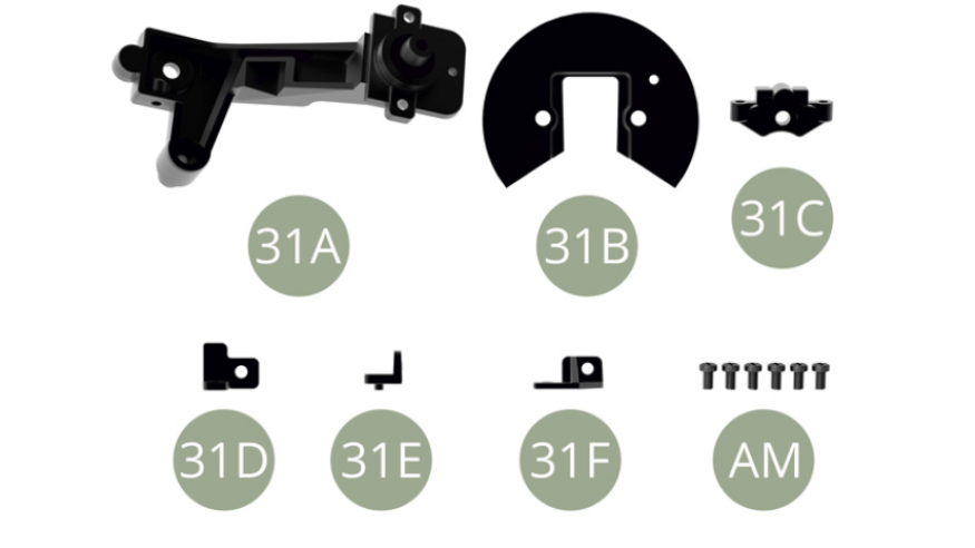 31A Hinterachse linker Längslenker  31B Bremsstaubschutz31C Bremssattel-Montagehalterung 31D Handbremsseil Halter31E Bremshydraulik Schlauchhalter31F Bremshydraulik SchlauchhalterAM M 1,7 x 3 mm (x 6)