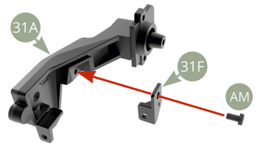 Fit 31F Brake hydraulic hose holder to 31A Rear axle left trailing arm and fix with AM screw.