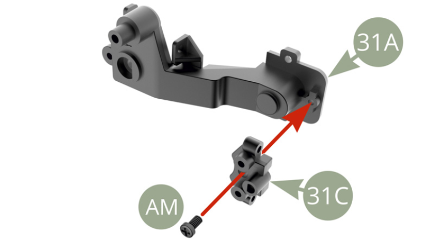 31C (Bremssattel Halterung) an 31A (Hinterachse linker Längslenker) montieren und mit AM-Schraube befestigen.