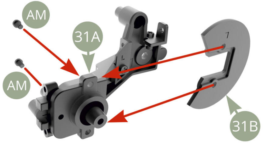 Slide 31B Brake dust shield to 31A Rear axle left trailing arm , aligning and fixing with two AM screws.