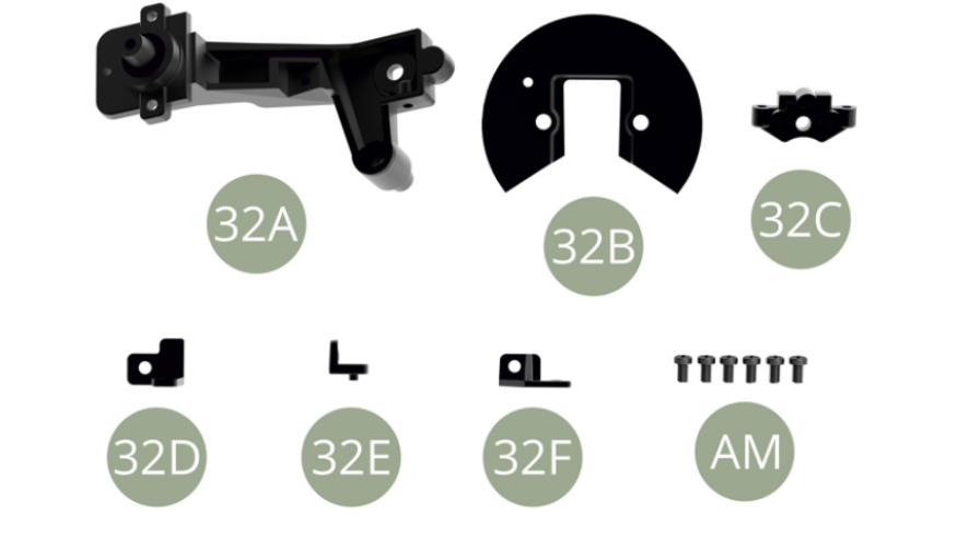 32A Hinterachse linker Längslenker    32B Bremsstaubschutz32C Bremssattel-Montagehalterung 32D Handbremsseil Halter32E Bremshydraulik Schlauchhalter32F Bremshydraulik SchlauchhalterAM M 1,7 x 3 mm (x 6)