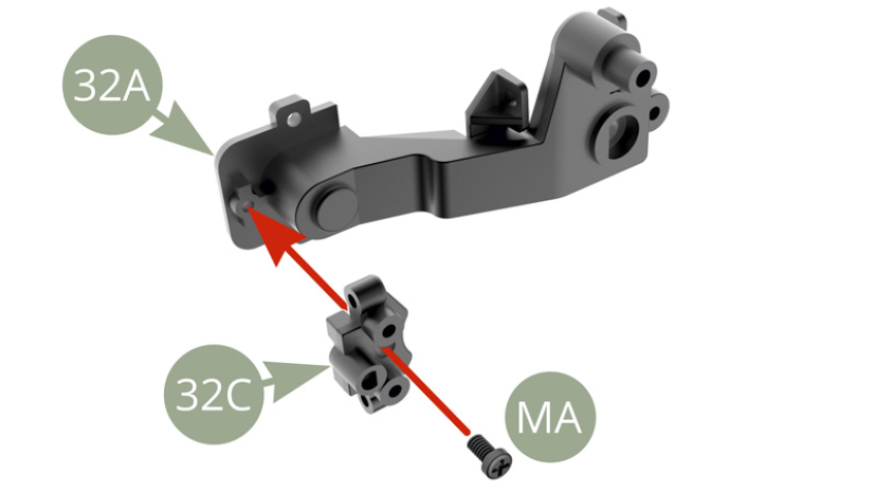 32C (Bremssattel Halterung) an 32A (Hinterachse linker Längslenker) montieren und mit AM-Schraube befestigen.