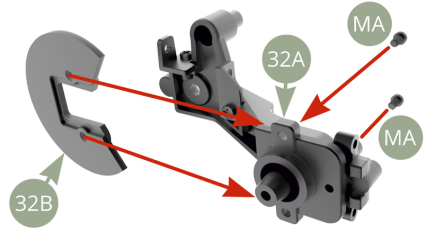 32B (Bremsstaubschutz) auf 32A (Hinterachse linker Längslenker) schieben, ausrichten und mit zwei AM-Schrauben befestigen.