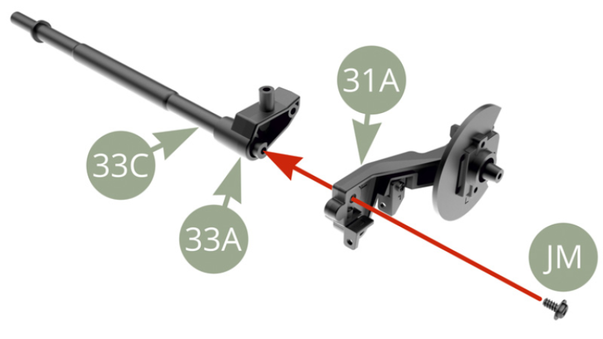 Fit 31A Rear axle left trailing arm to 33C Rear axle cross-tube and fix with JM screw.