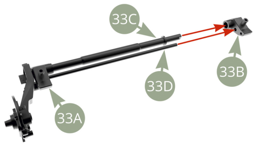 33C (Hinterachs-Querrohr) und 33D (Torsionsstab hinten) an 33B (Halterung Hinterachse rechts) montieren.