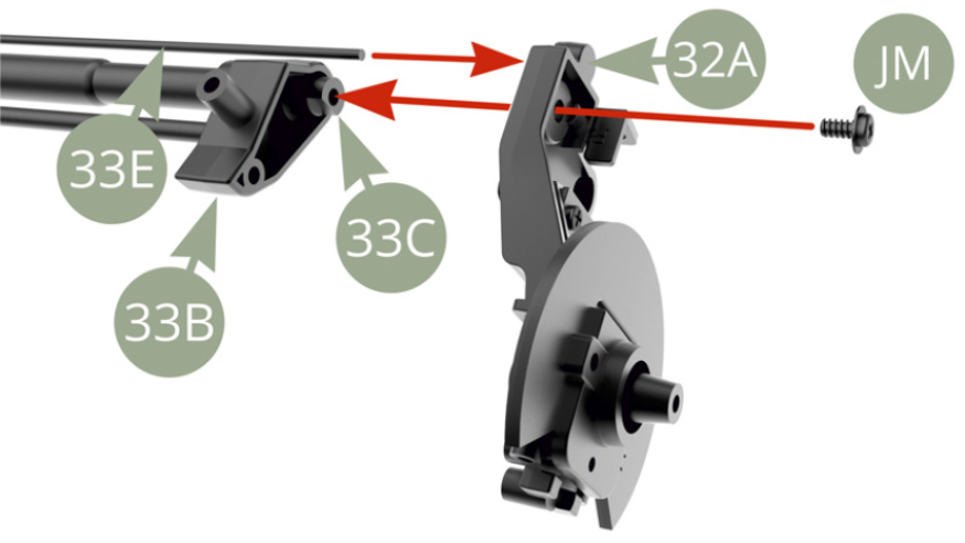 Montieren Sie 32A (Hinterachse linker Längslenker) an 33C (Querrohr Hinterachse) und 33E (Torsionsstab) - fixieren mit JM-Schraube.