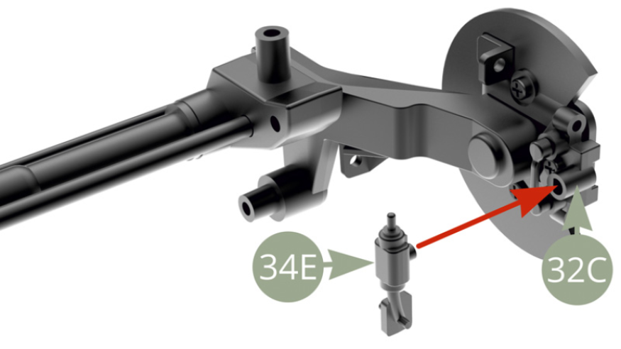 Montieren Sie 34E (Rechter Feststellbremshebel) an 32C (Bremssattel-Montagehalterung)  auf der rechten Seite.