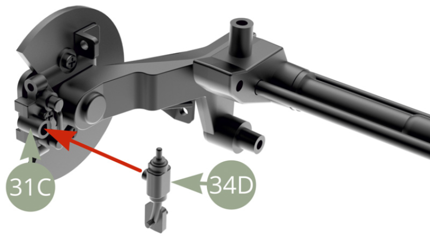 Fit 34D Left parking brake lever to 31C Caliper mounting bracket on the left side.