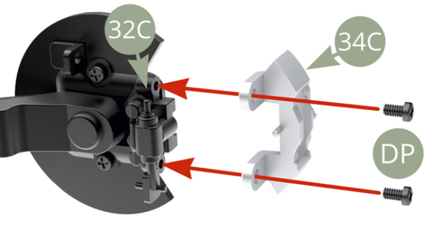 Fit 34C Brake caliper to 32C Caliper mounting bracket on the right side and fix with two DP screws.