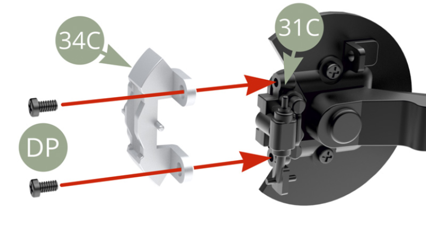 Fit 34C Brake caliper to 31C Caliper mounting bracket on the left side and fix with two DP screws.