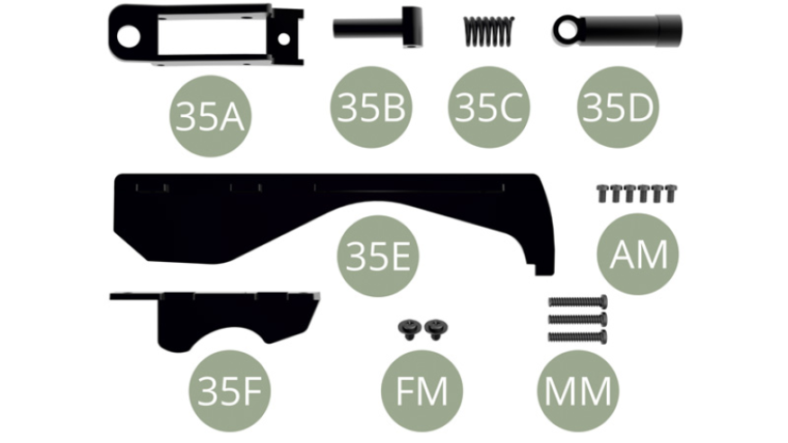 35A Base izquierda del eje trasero 35B Pistón del amortiguador35C Muelle del amortiguador35D Cilindro del amortiguador35E Protector exterior contra salpicaduras35F Protector interior contra salpicaduras AM M 1,7 x 3 mm (x 6)FM M 2,3 x 3 x 5,5 mm (x 2)MM M 2,3 x 13 mm (x 3)