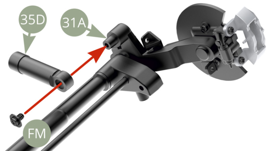 35D (Stoßdämpferzylinder) an 31A (Hinterachse linker Längslenker)  anbauen und mit FM-Schraube fixieren.