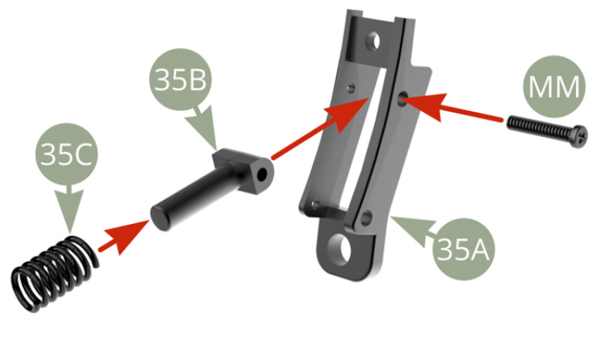 Monta 35B (Pistón del amortiguador) en 35A (Base izquierda del eje trasero) y fíjelo con tornillo MM. Monta 35C (Muelle del amortiguador) en 35B (Pistón del amortiguador).