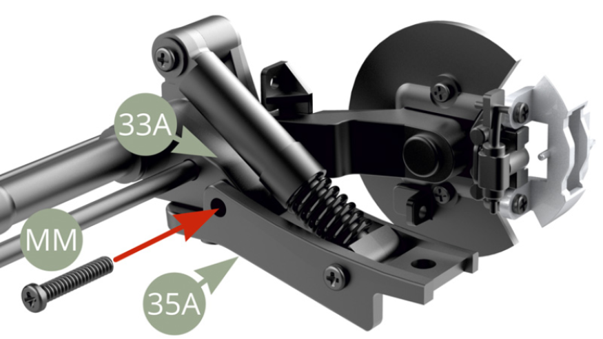 33A (Halterung Hinterachse links) an 35A (Hinterachse links unten) mit MM-Schraube befestigen.