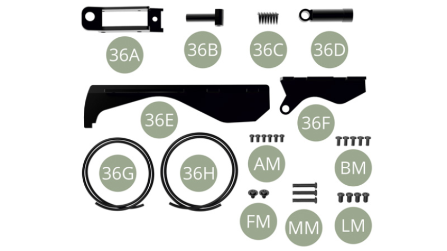 36A Rear axle right base 36B Shock absorber piston36C Shock absorber spring36D Shock absorber cylinder36E Outer splash shield36F Inner splash shield36G Left parking brake cable 36H Right parking brake cableAM M 1,7 x 3 mm (x 6)FM M 2,3 x 3 x 5,5 mm (x 2)MM M 2,3 x 13 mm (x 3)BM M 2,0 x 4 mm (x 5)LM M 2,6 x 4 mm (x 4)