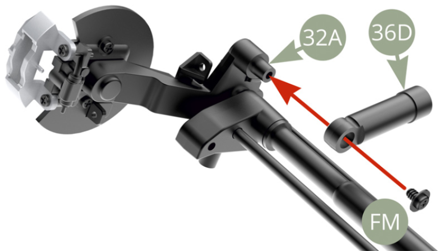 Positionner le cylindre d’amortisseur 36D sur le tenon du bras oscillant arrière droit 32A et le fixer avec une vis FM. 