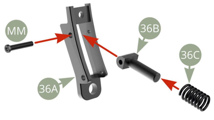 Positionner le piston d’amortisseur 36B sur la base d’essieu arrière droit 36A et le fixer avec une vis MM. Positionner le ressort 36C sur le piston d’amortisseur 36B.