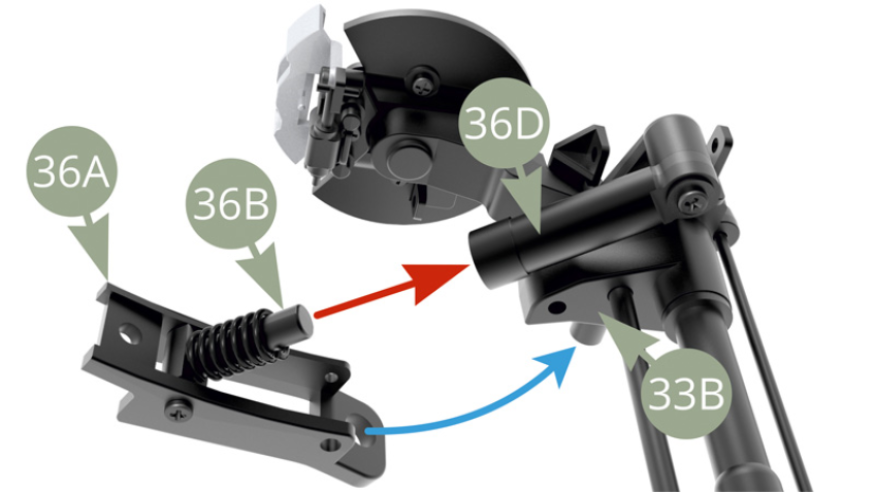 Positionner le piston d’amortisseur 36B dans le cylindre d’amortisseur 36D et dans le même temps, positionner l’extrémité de la base d’essieu arrière droit 36A sur le tenon du support d’essieu arrière droit 33B (voir illustrations ci-dessous).