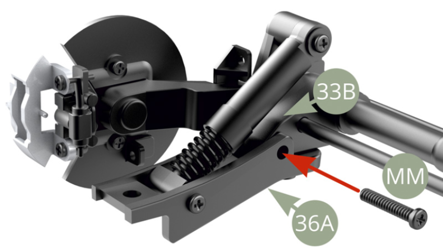 33B (Halterung Hinterachse rechts) an 36A (Hinterachse rechts unten ) mit MM Schraube befestigen.