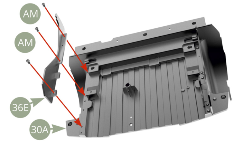 Fit 36E Outer splash shield to 30A Chassis rear section and fix with three AM screws.