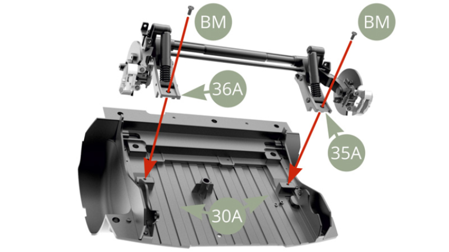 Fit 36A Rear axle Right and 35A Left bases to 30A Chassis rear section and fix with two BM screws from bottom side ( upper illustration ) , and then with two more BM screws from upper side ( lower illustration ).