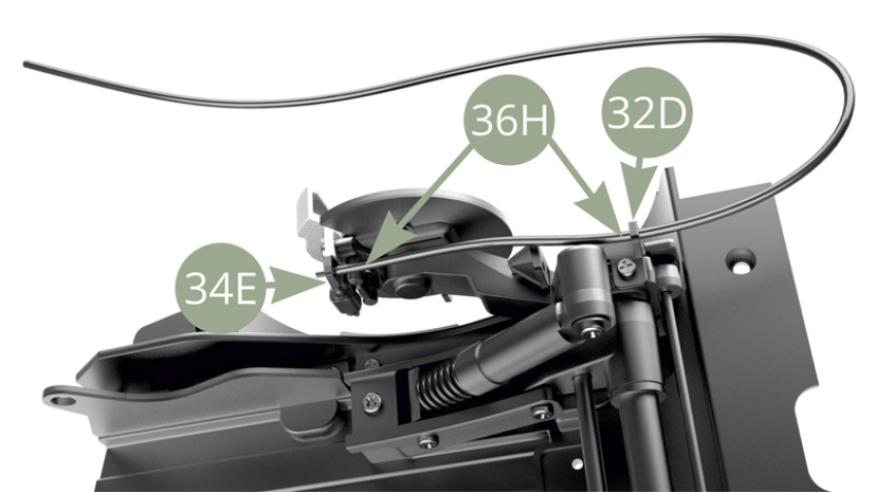 Lead 36H Right parking brake cable through 32D Handbrake cable holder and fix on 34E Right parking brake lever peg.