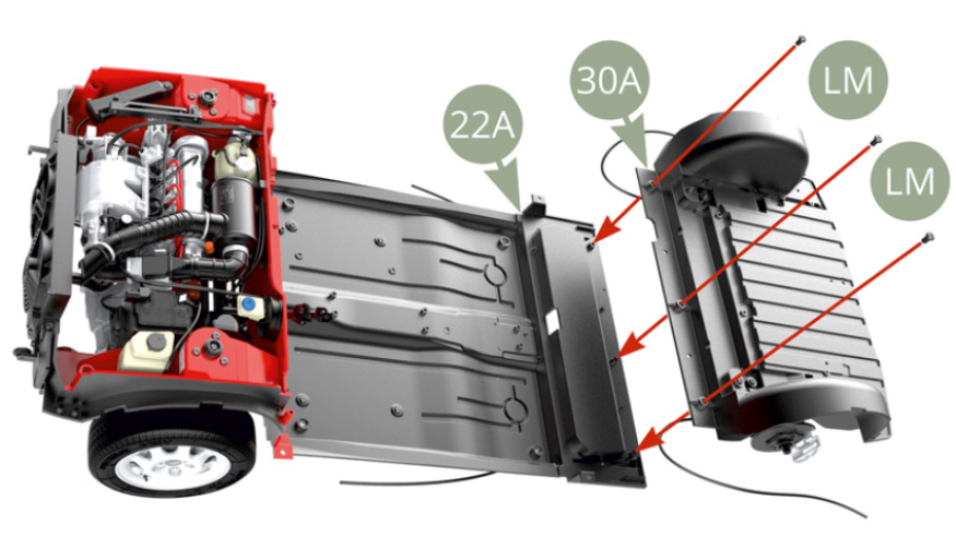 30A (Chassis Heckteil) an 22A (Fahrgestellplatte) montieren und mit drei LM-Schrauben befestigen.