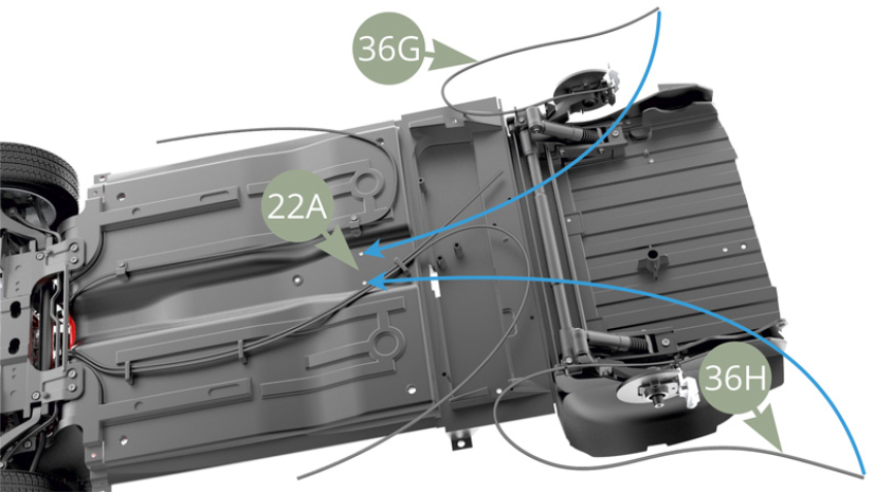 Lead 36G Left and 36H Right parking brake cables through respective holes in 22A Chassis panel , please pay attention to pass 36H Right parking brake cable through 23B Clamp. Note result on next illustartion.