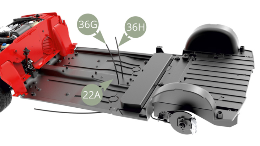 36G Left and 36H Right parking brake cables exiting on upper side of 22A Chassis panel.