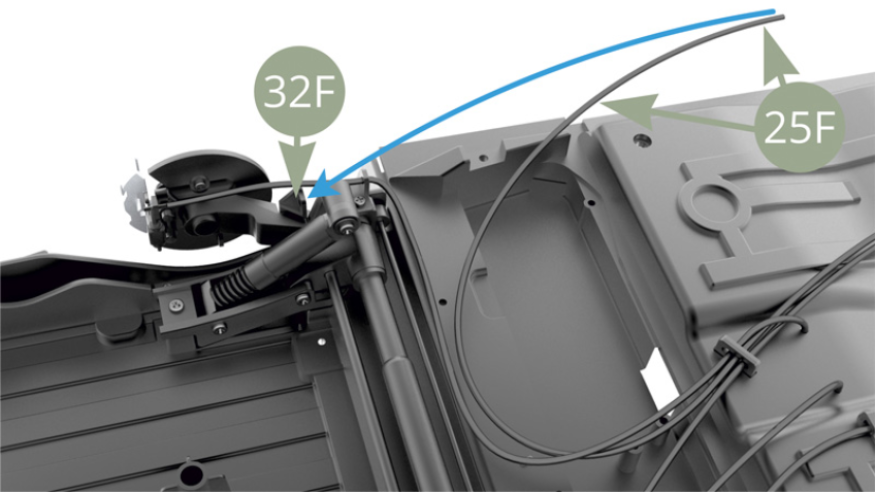 Lead 25F Rear right brake line through 32F Brake line holder.