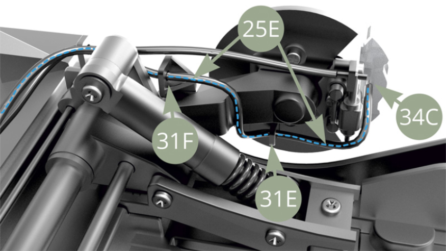 25E (Bremsleitung hinten links) durch das Auge von 31F (Bremshydraulik Schlauchhalter) führen und über 31E (Bremshydraulik Schlauchhalter) an 34C (Bremssattelzapfen) befestigen.