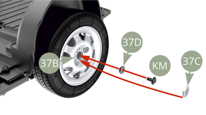 Fixer la jante 37B avec la vis KM après l’avoir fait passer dans la rondelle 37D. Fixer le cache-moyeu 37C sur la jante 37B.