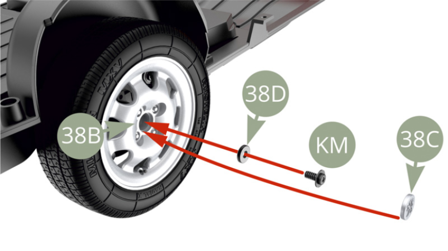 Fixer la jante 38B avec la vis KM après l’avoir fait passer dans la rondelle 38D. Fixer le cache-moyeu 38C sur la jante 38B.