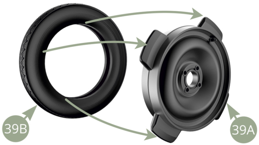 Put 39B Spare tire for two minutes into hot water , for softening , and then fit it over 39A Wheel rim.